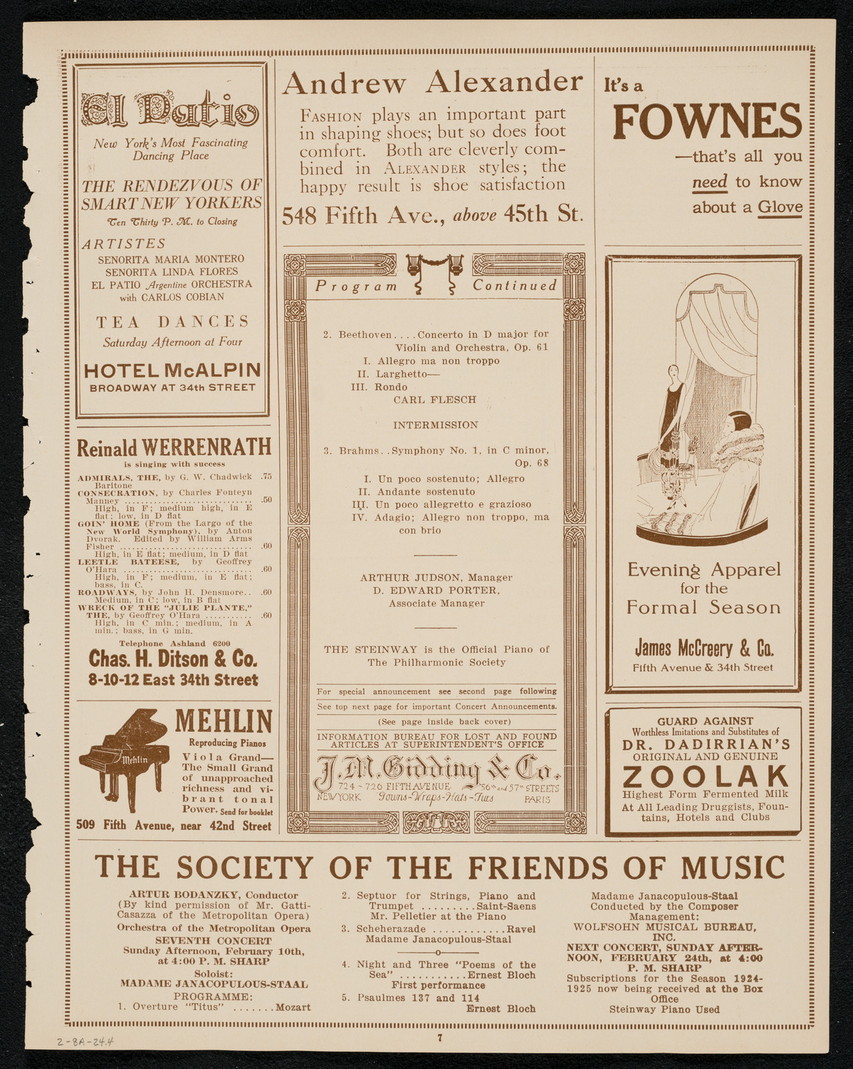 New York Philharmonic, February 8, 1924, program page 7