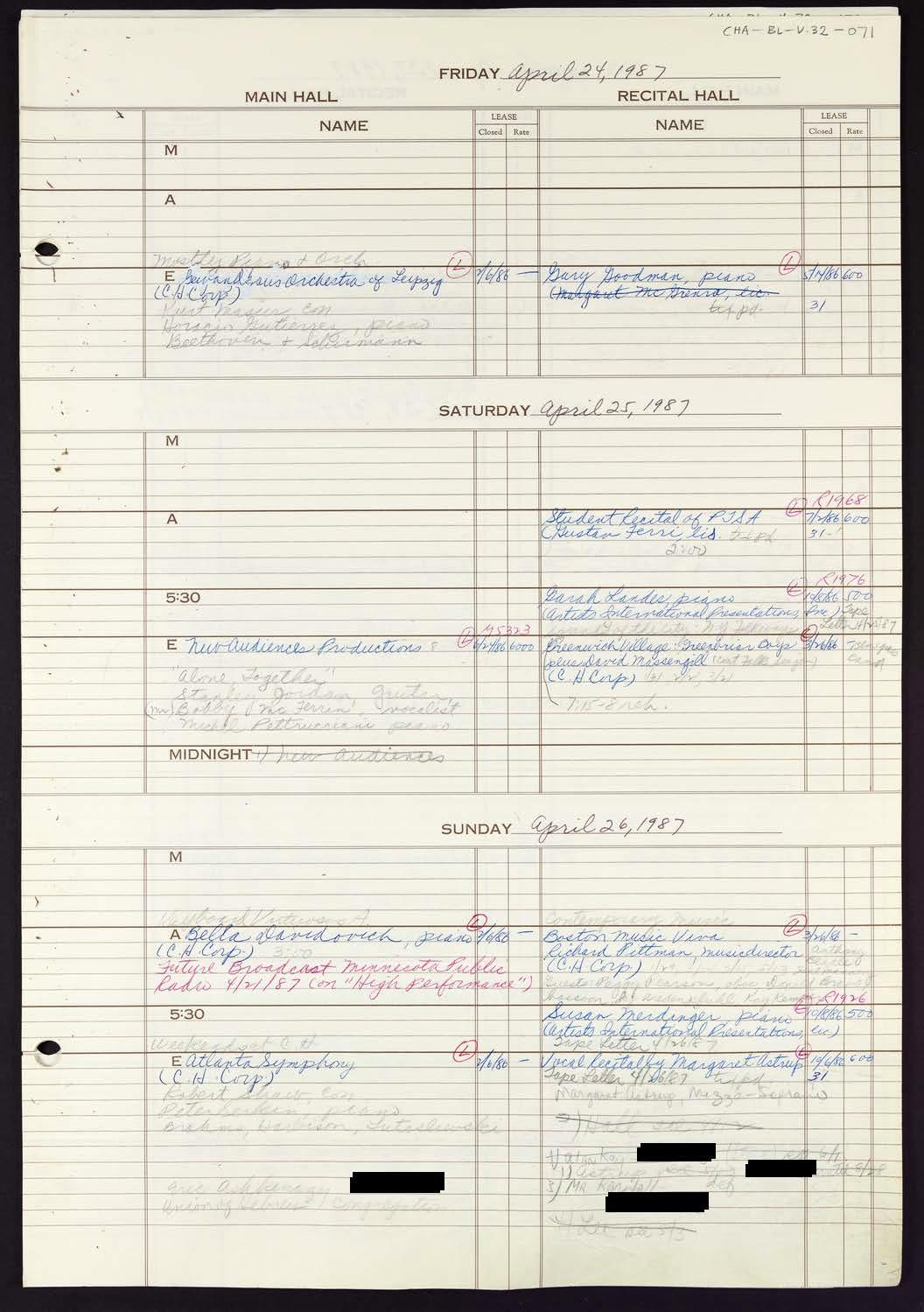 Carnegie Hall Booking Ledger, volume 32, page 71