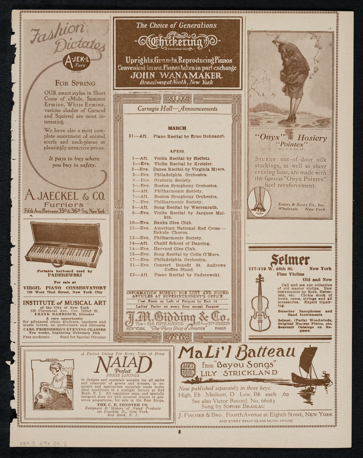 New York Philharmonic, March 29, 1923, program page 3