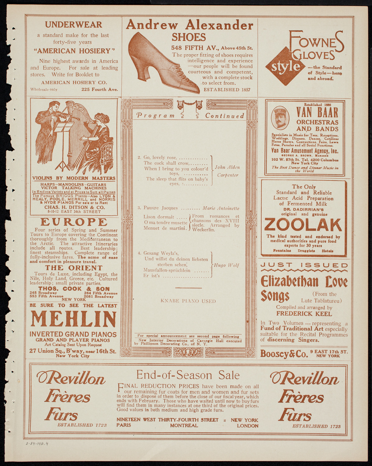 Julia Culp, Contralto, February 24, 1914, program page 7