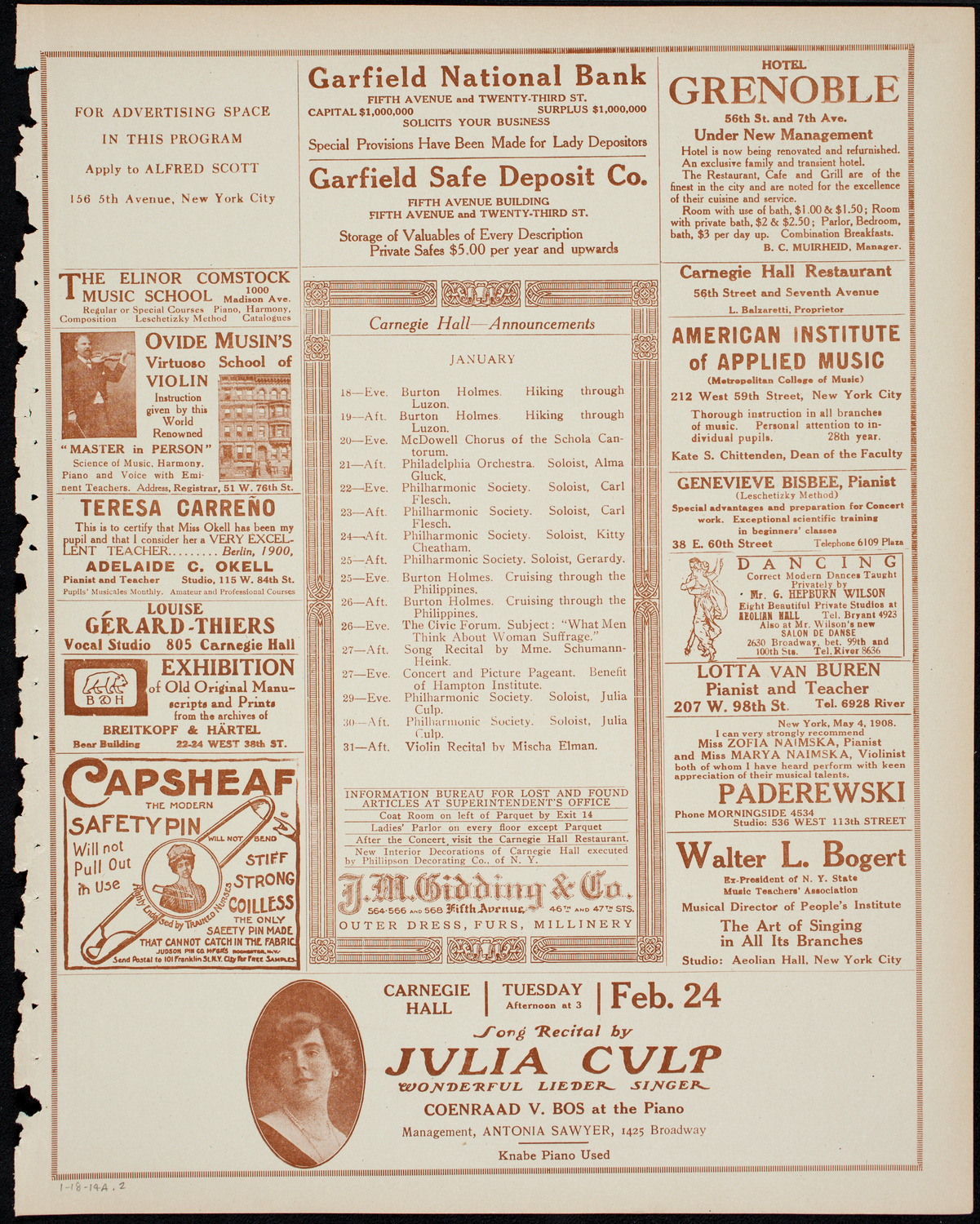 Alice Nielsen and Jean Gerardy, January 18, 1914, program page 3
