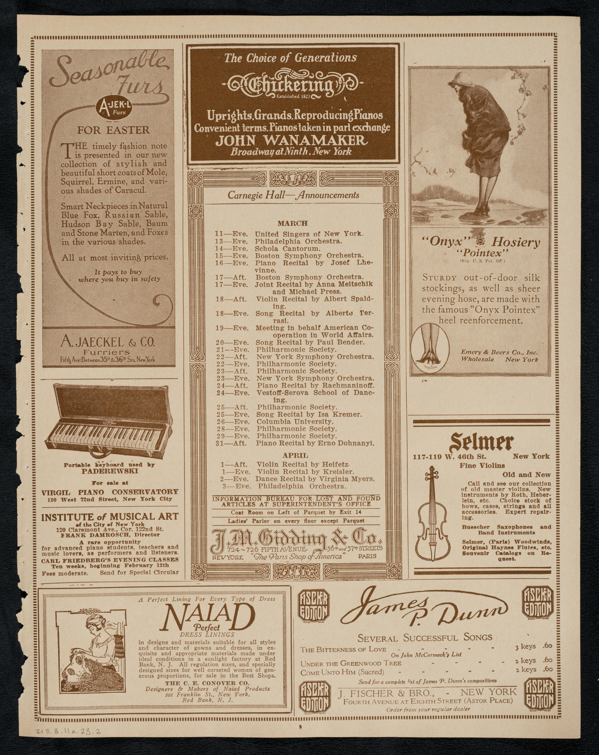 New York Philharmonic, March 11, 1923, program page 3