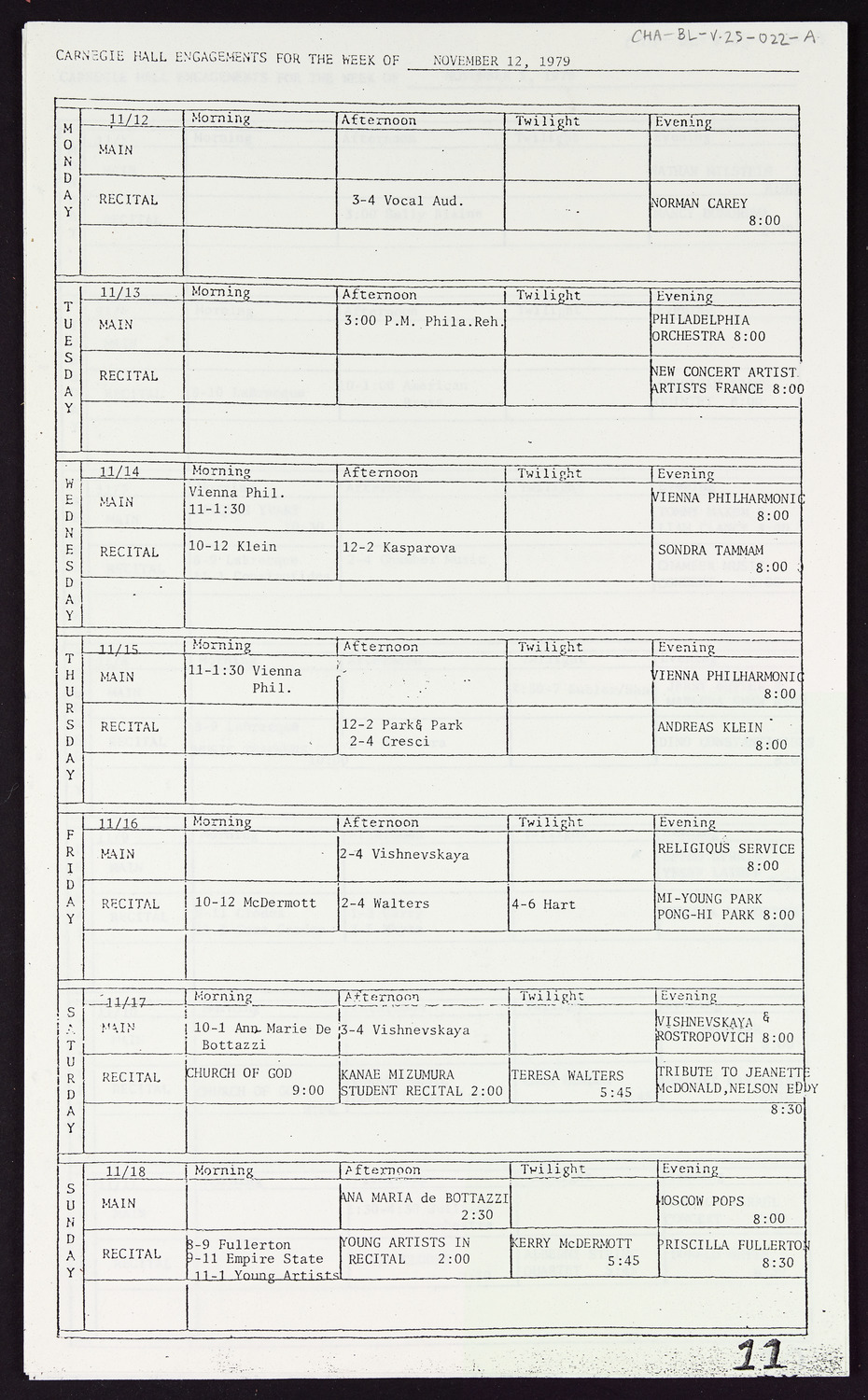 Carnegie Hall Booking Ledger, volume 25, page 22a