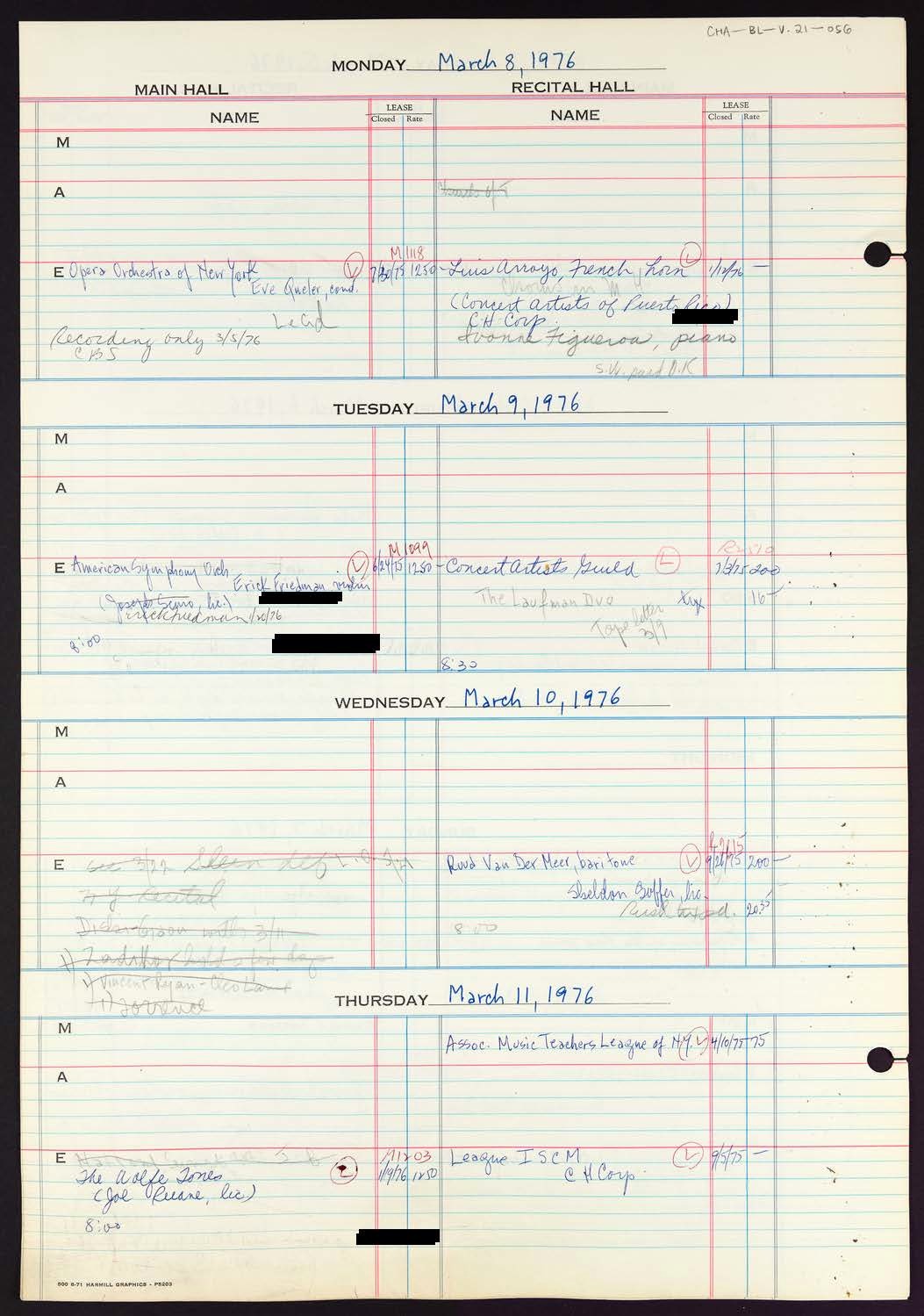 Carnegie Hall Booking Ledger, volume 21, page 56