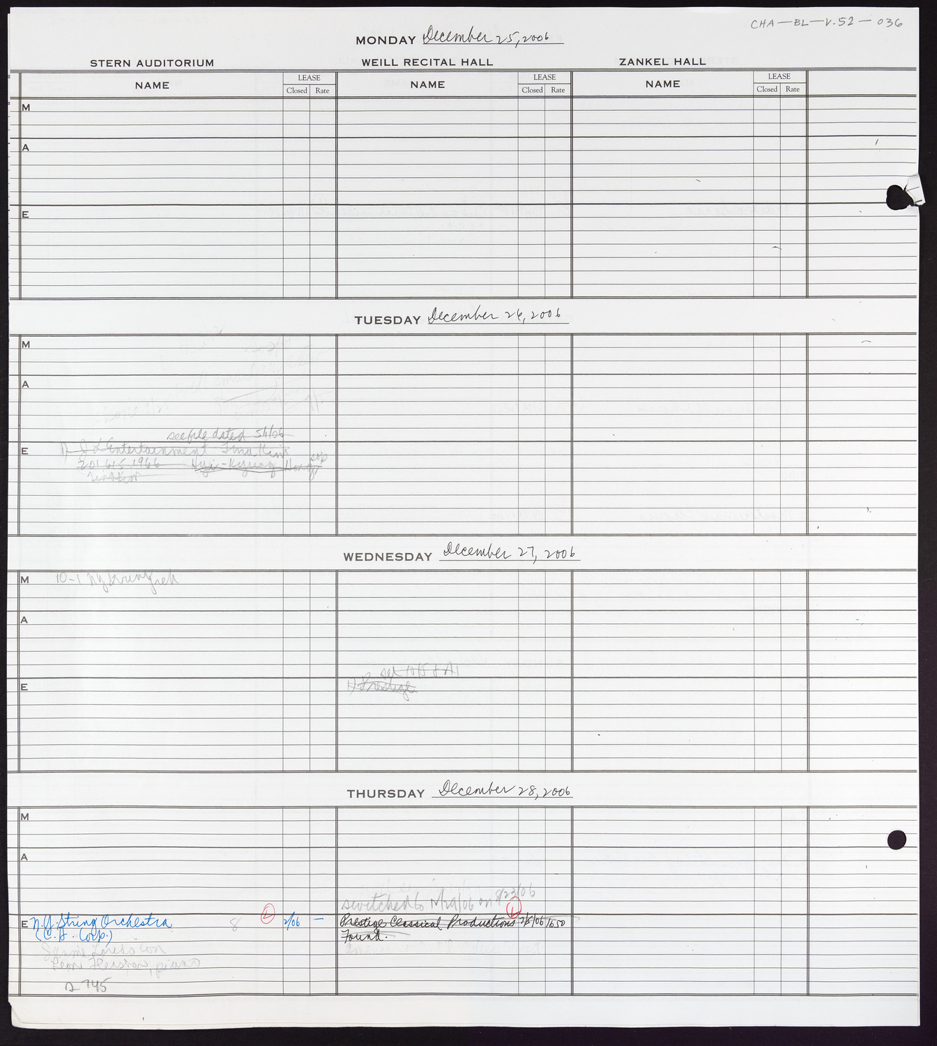 Carnegie Hall Booking Ledger, volume 52, page 36