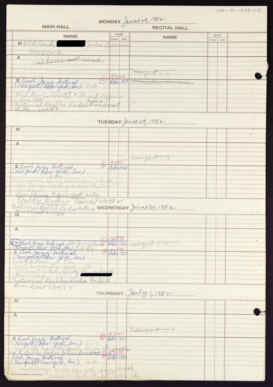 Carnegie Hall Booking Ledger, volume 27, page 90