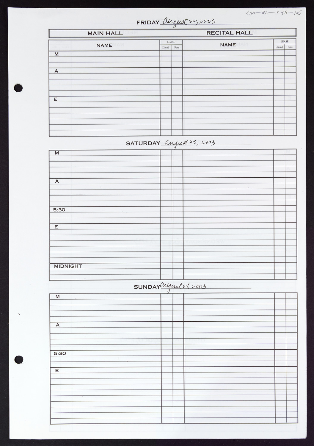 Carnegie Hall Booking Ledger, volume 48, page 105