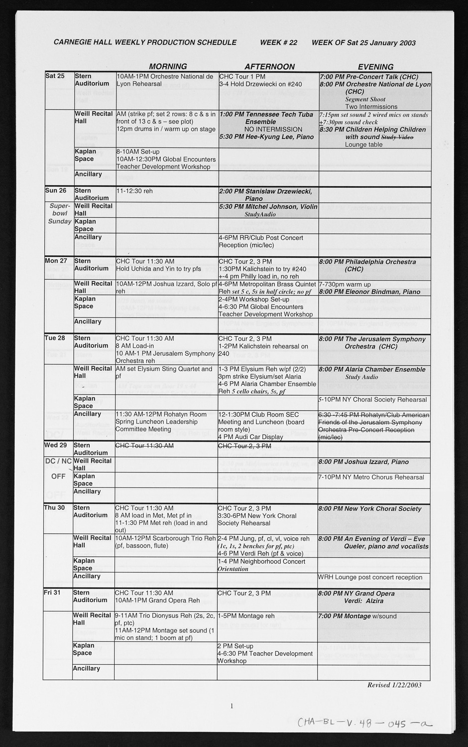 Carnegie Hall Booking Ledger, volume 48, page 45a