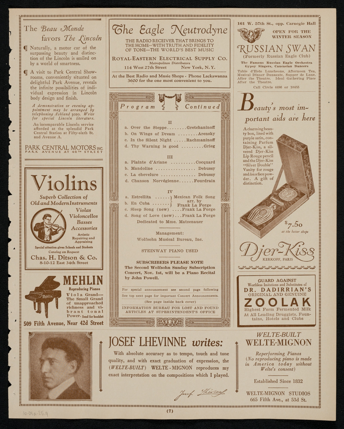 Margaret Matzenauer, Mezzo-Soprano, October 25, 1925, program page 7