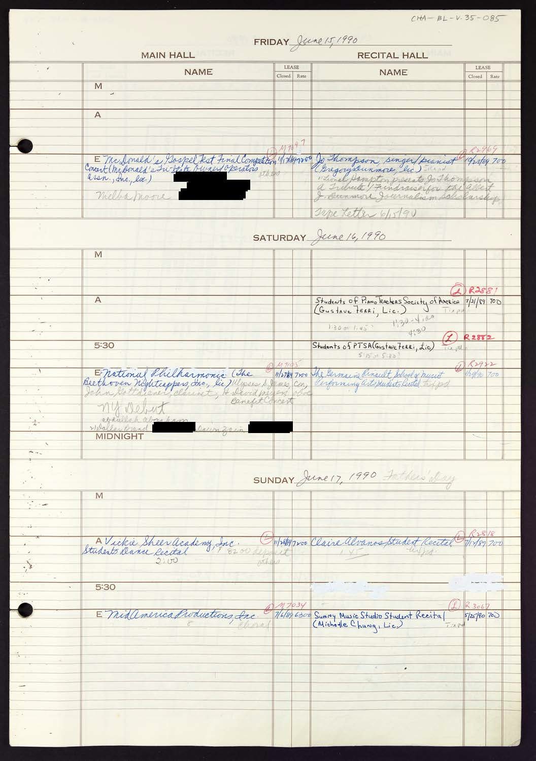 Carnegie Hall Booking Ledger, volume 35, page 85