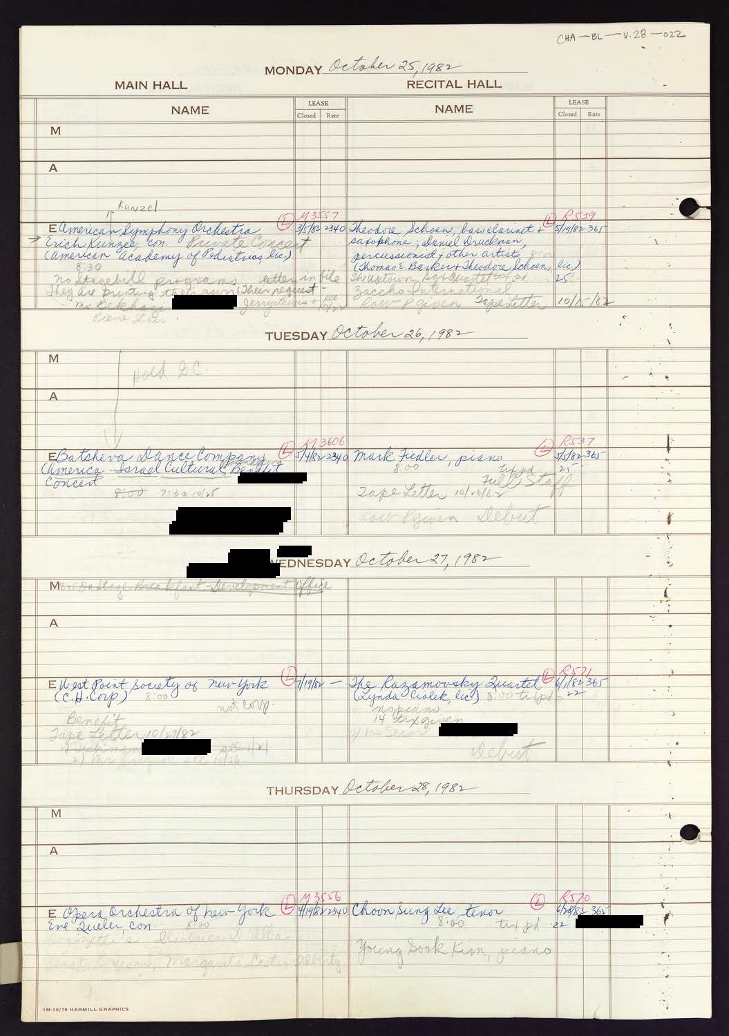 Carnegie Hall Booking Ledger, volume 28, page 22