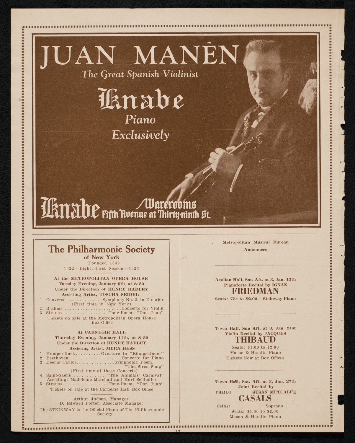 Joan Manén, Violin, January 8, 1923, program page 12