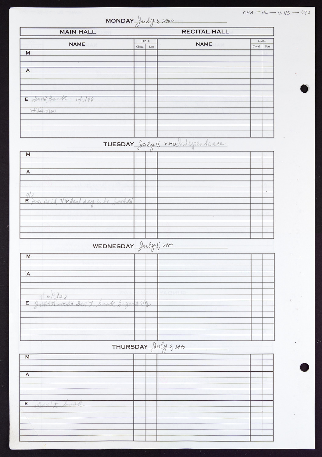 Carnegie Hall Booking Ledger, volume 45, page 92