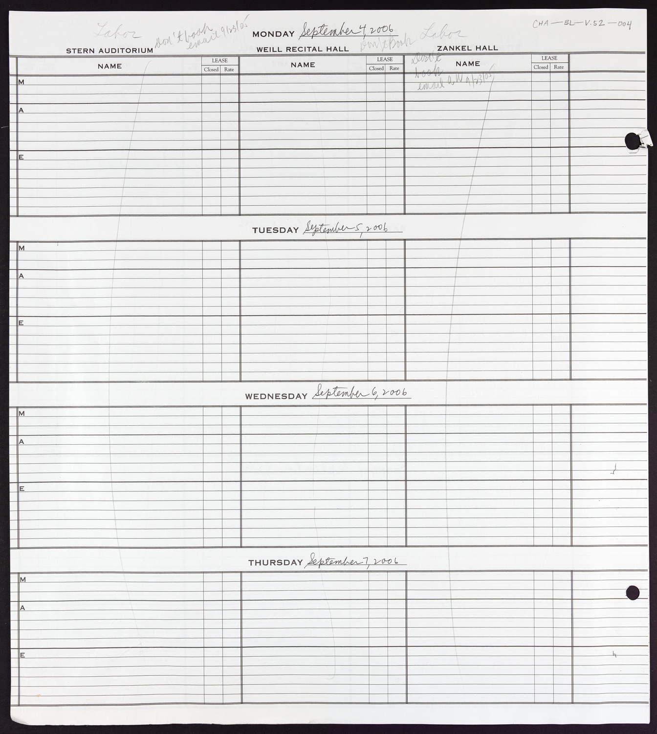 Carnegie Hall Booking Ledger, volume 52, page 4