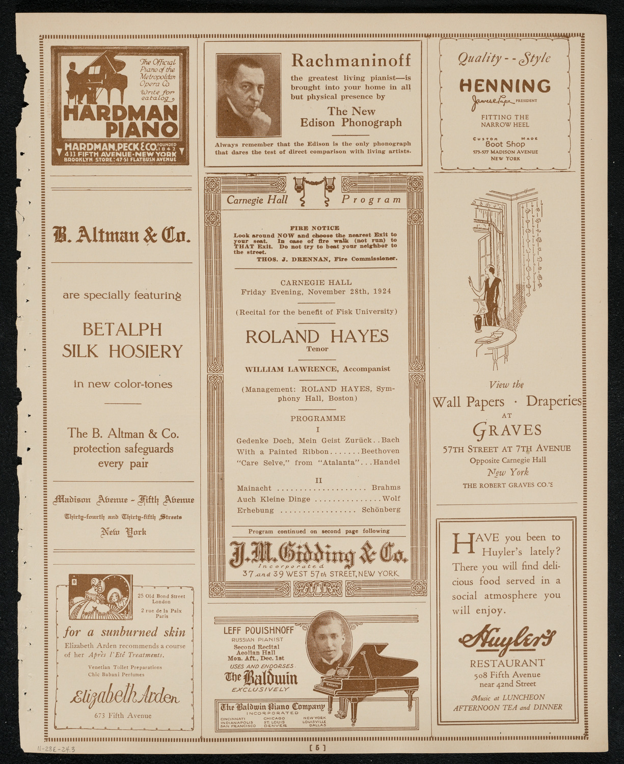 Roland Hayes, Tenor, November 28, 1924, program page 5