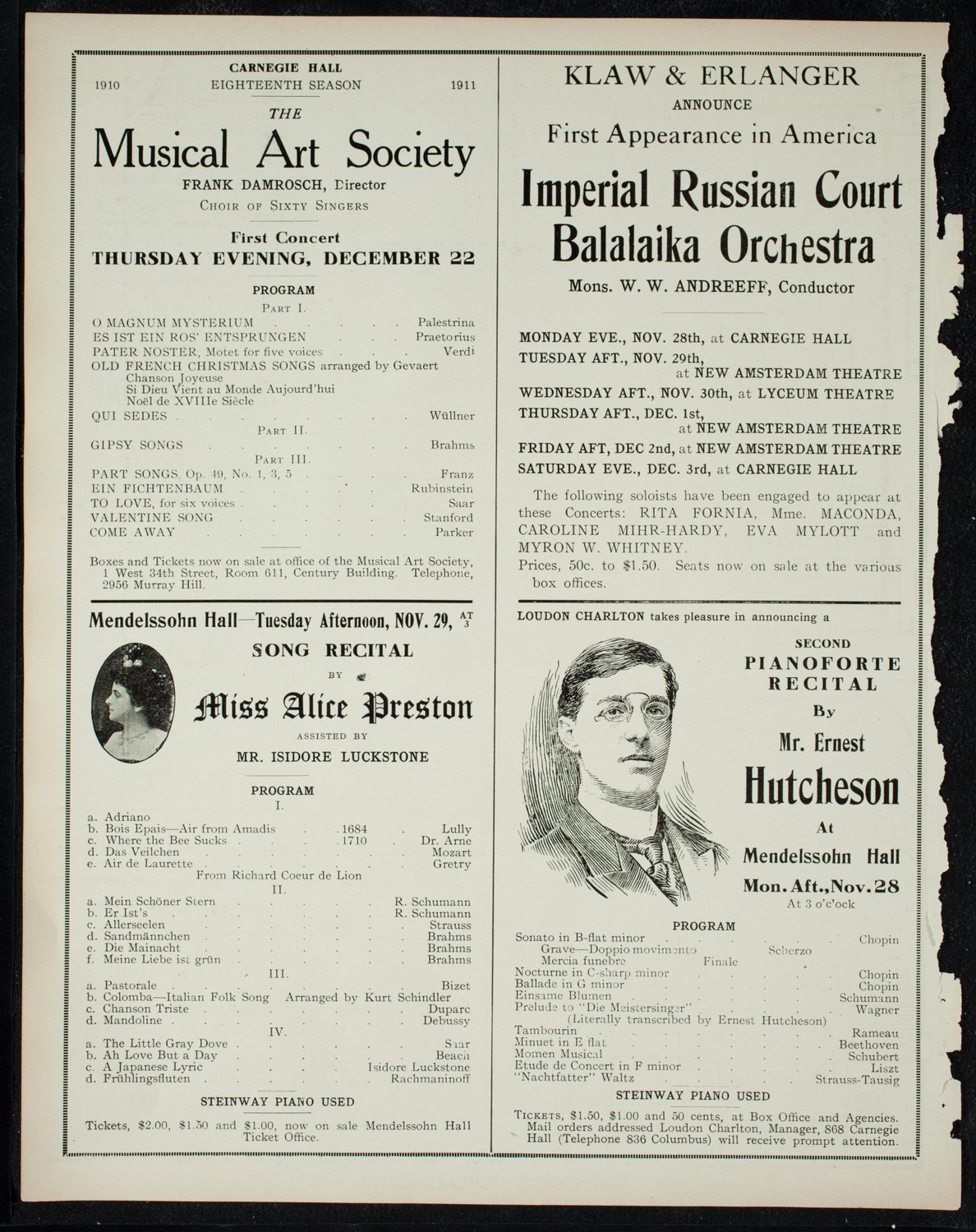 New York Philharmonic, November 22, 1910, program page 10
