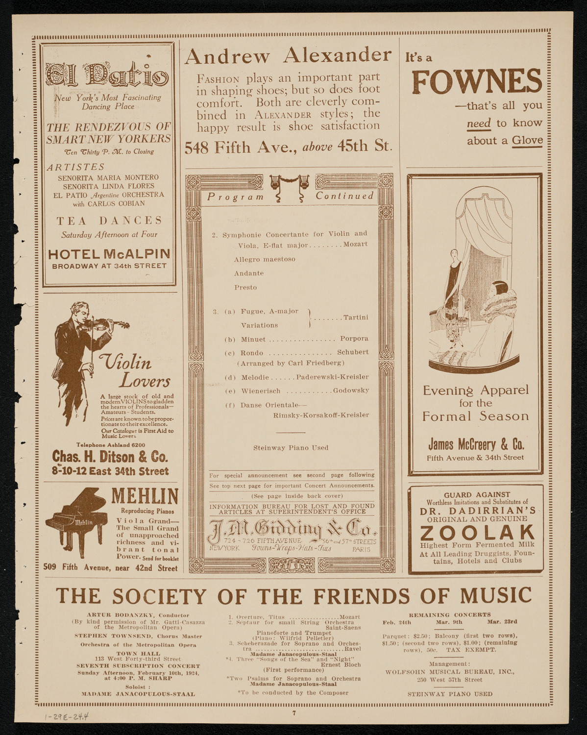 Fritz Kreisler, Violin, and Lionel Tertis, Viola, January 29, 1924, program page 7