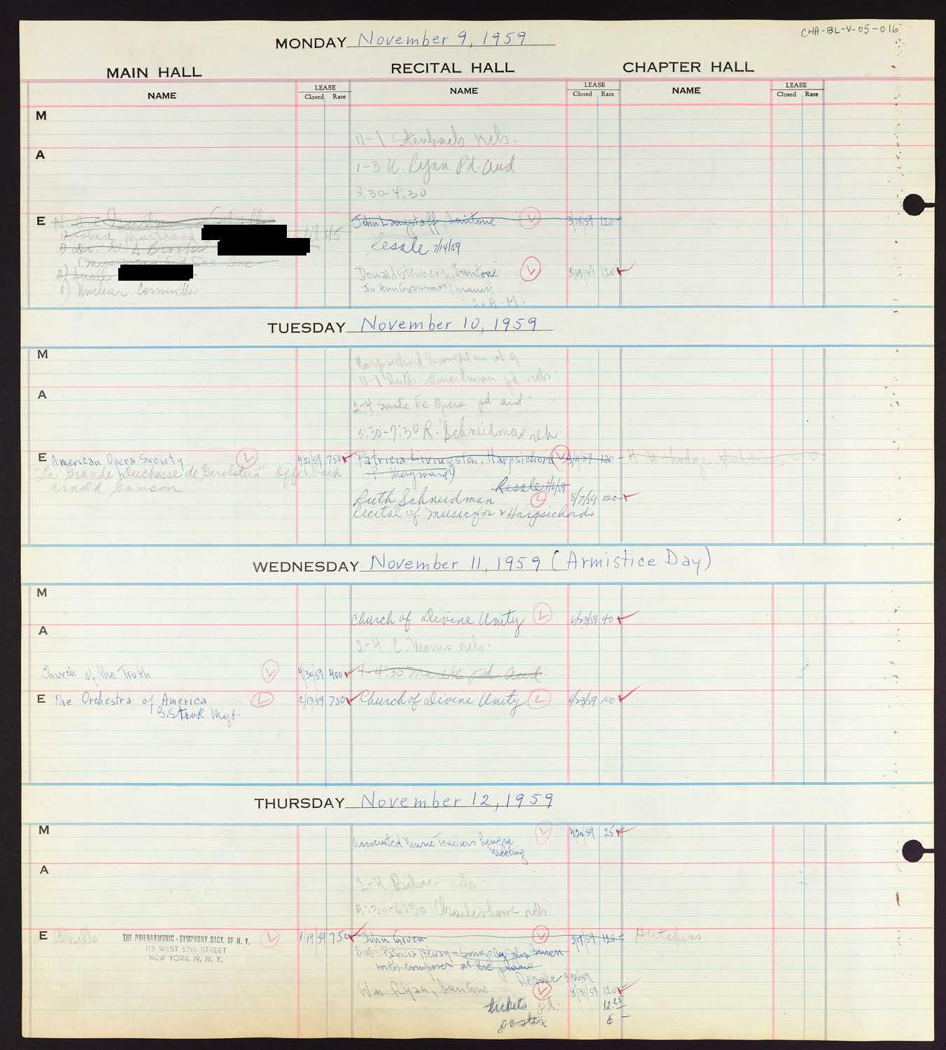 Carnegie Hall Booking Ledger, volume 5, page 16