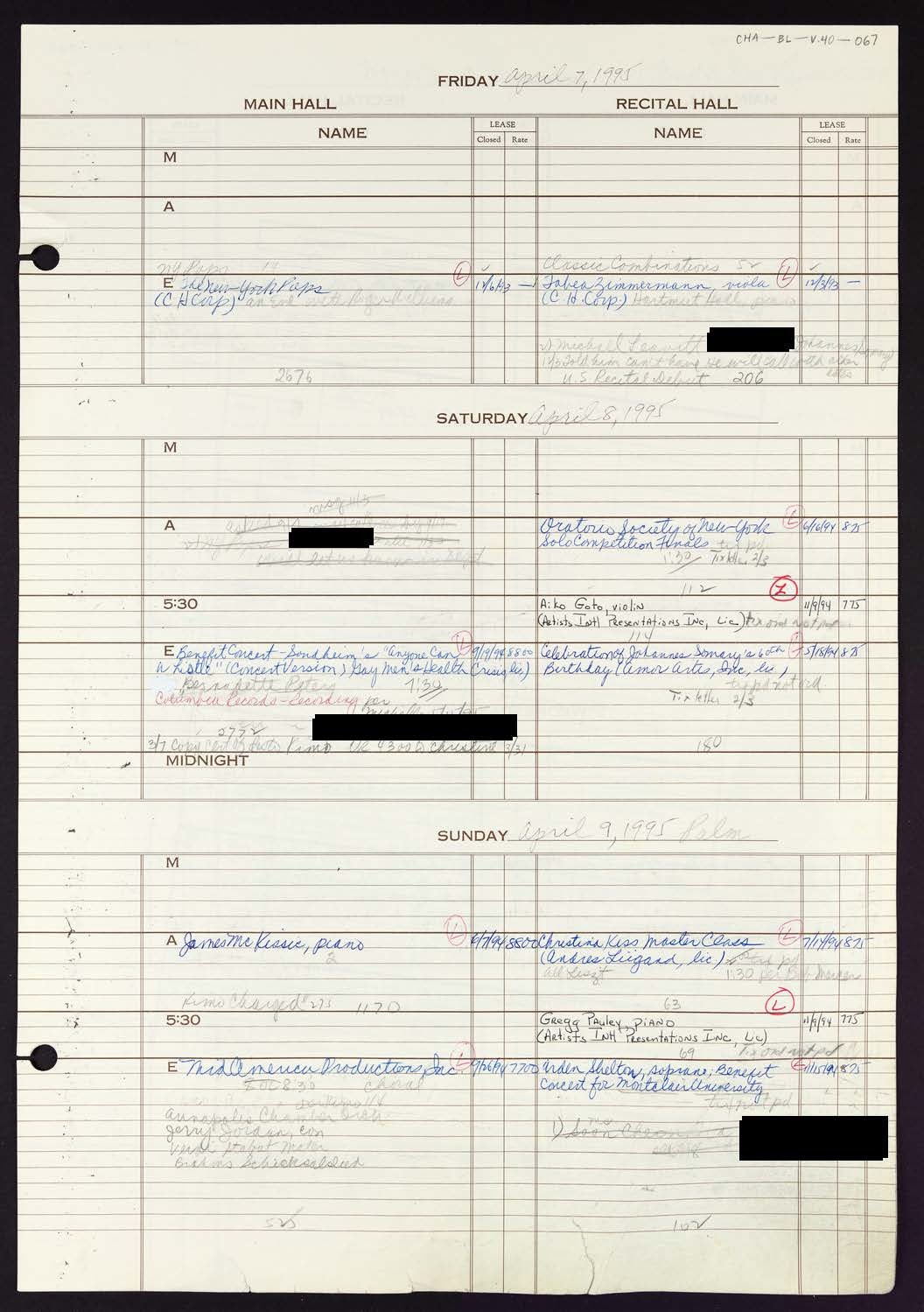 Carnegie Hall Booking Ledger, volume 40, page 67