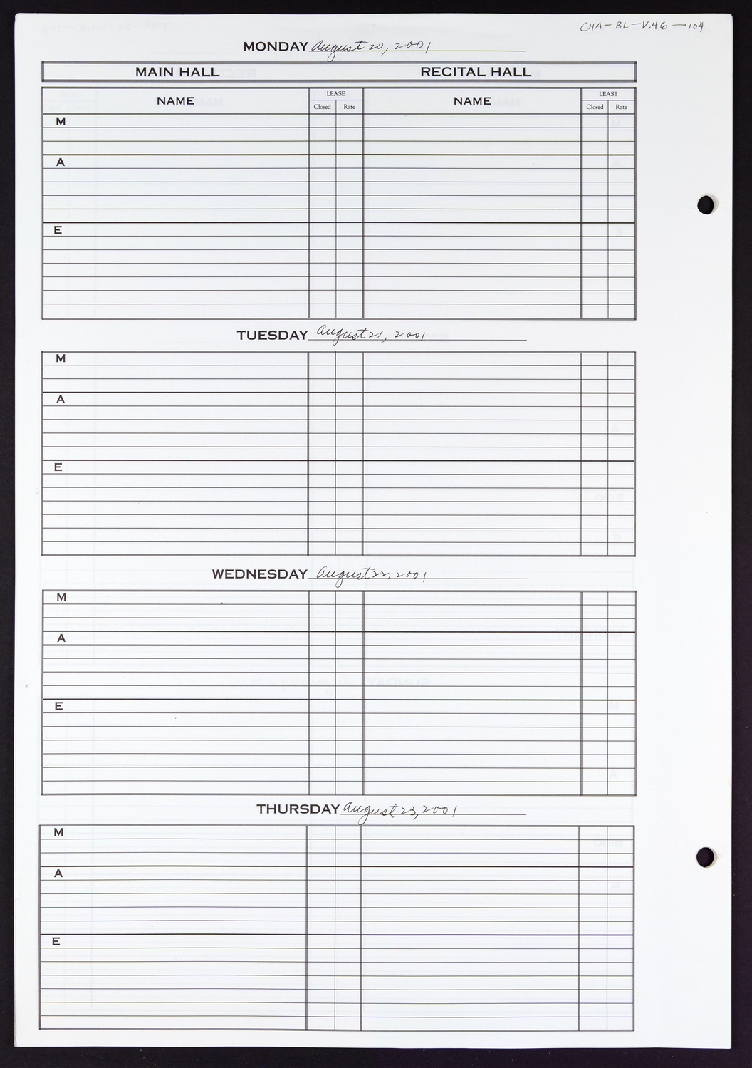 Carnegie Hall Booking Ledger, volume 46, page 104