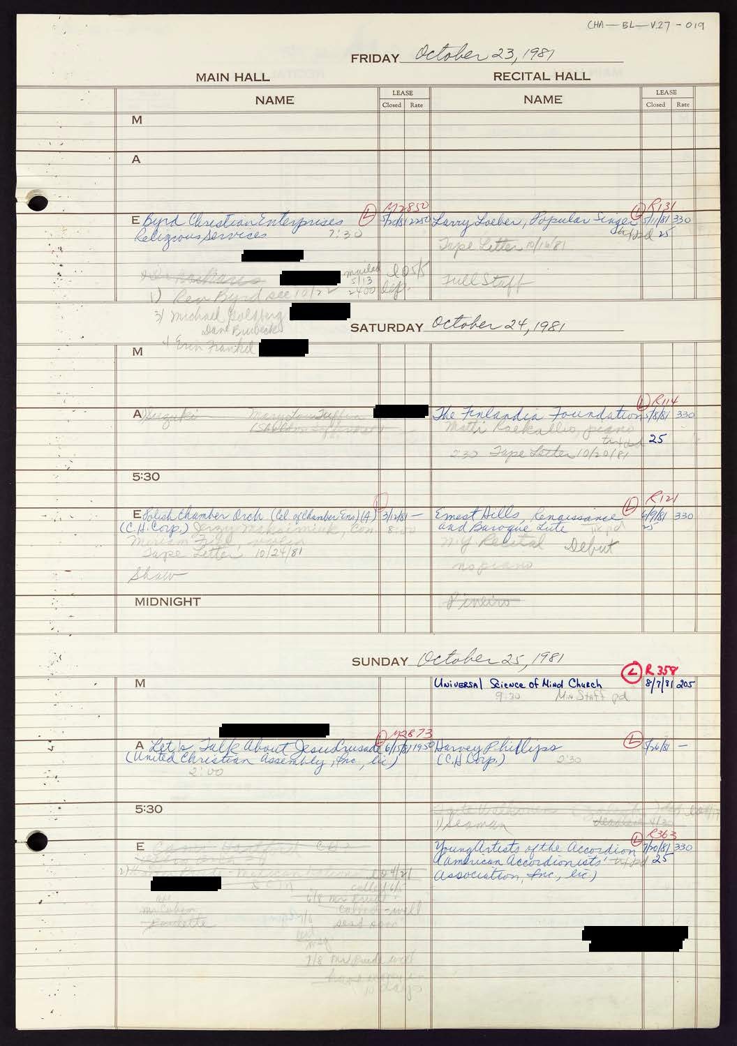 Carnegie Hall Booking Ledger, volume 27, page 19