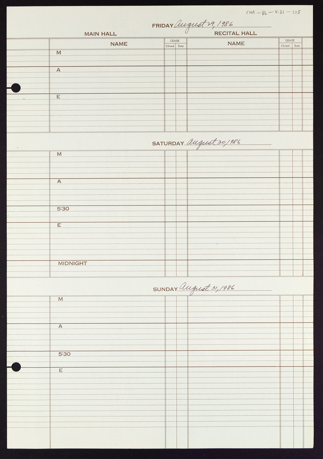 Carnegie Hall Booking Ledger, volume 31, page 105