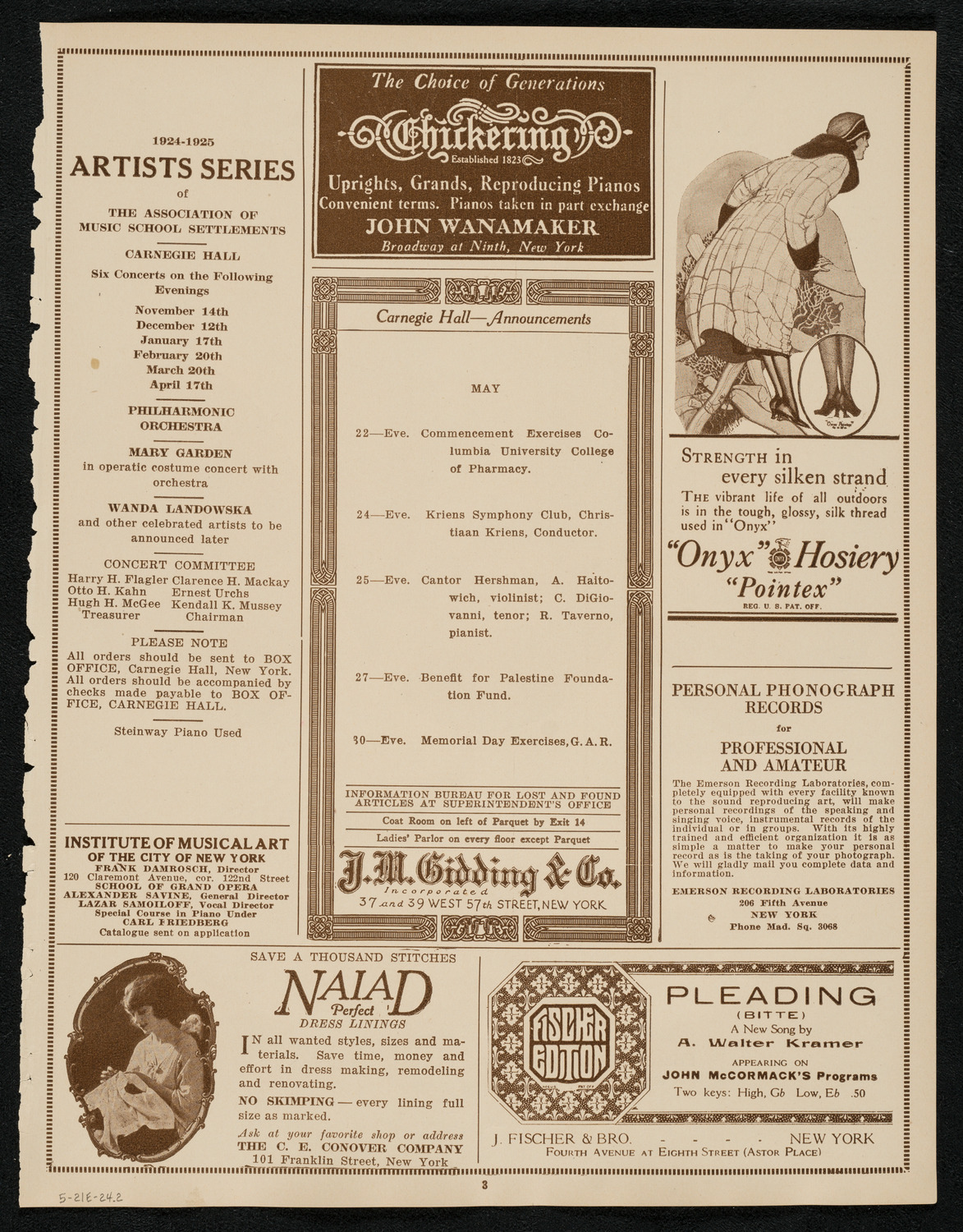 Testimonial Concert in Honor of Don Fuchs, May 21, 1924, program page 3