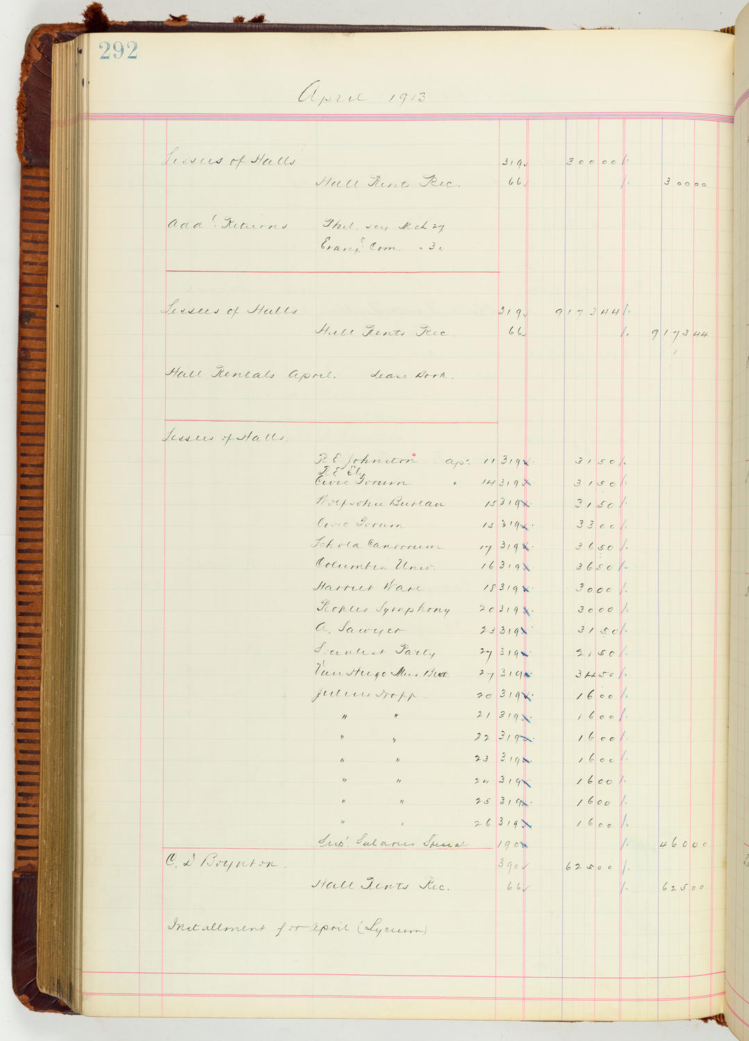 Music Hall Accounting Ledger Journal, volume 7, page 292