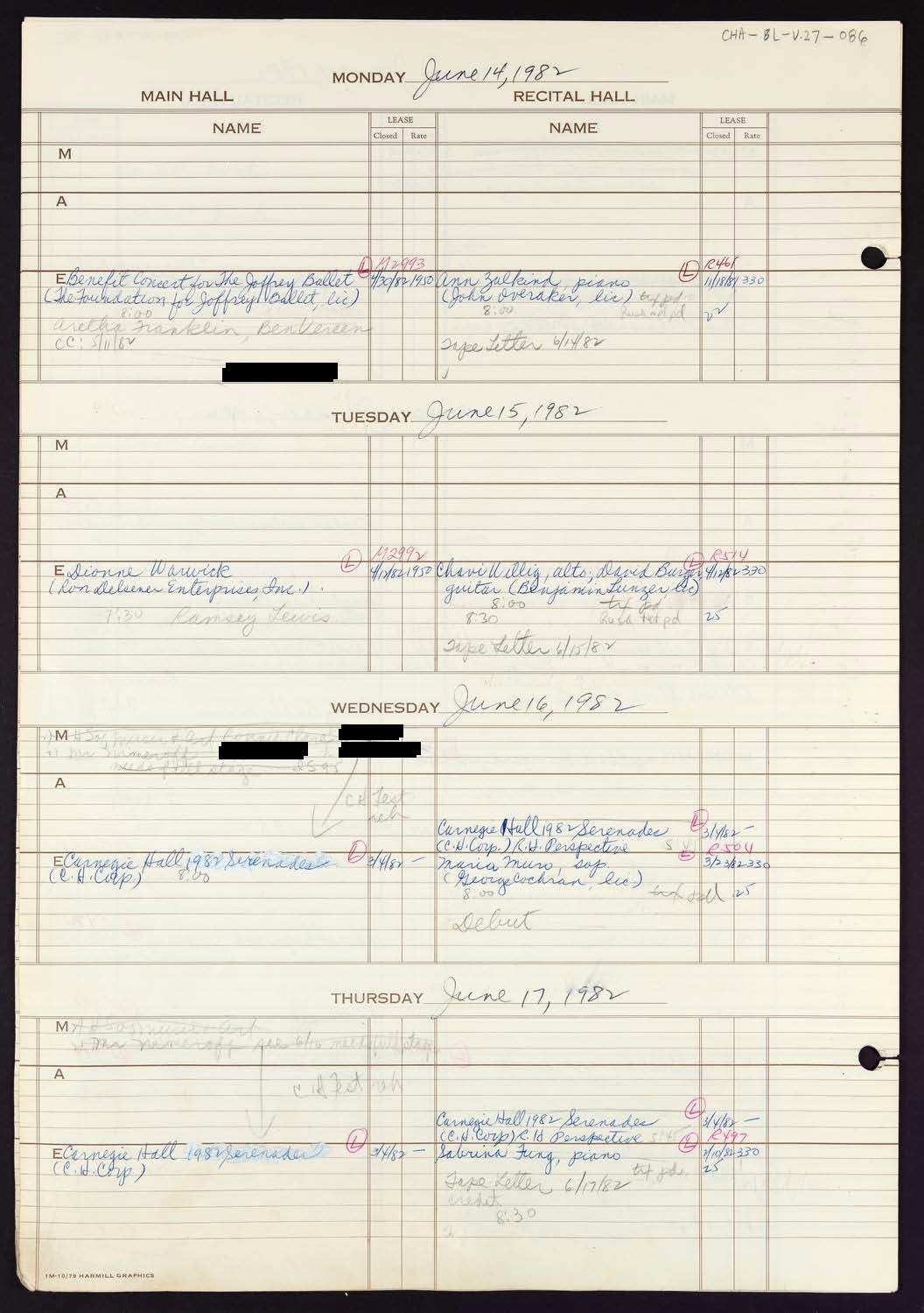 Carnegie Hall Booking Ledger, volume 27, page 86