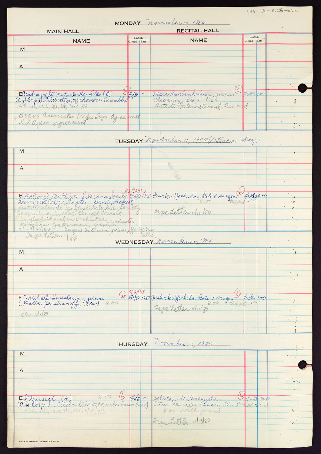 Carnegie Hall Booking Ledger, volume 26, page 22