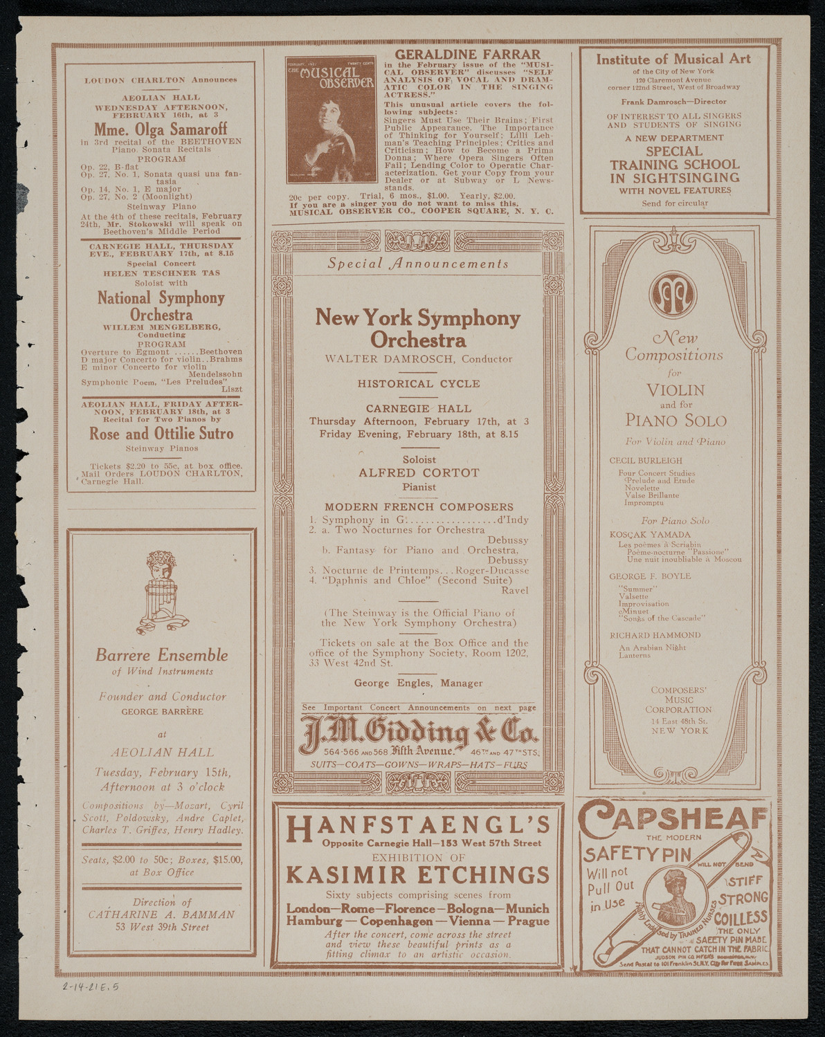 Harold Bauer, Piano, and Jacques Thibaud, Violin, assisted by Mischa Levitzki and Sascha Jacobsen, February 14, 1921, program page 9