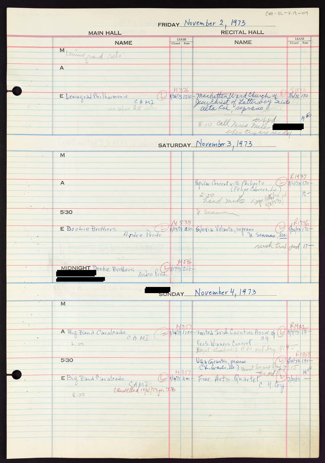 Carnegie Hall Booking Ledger, volume 19, page 19