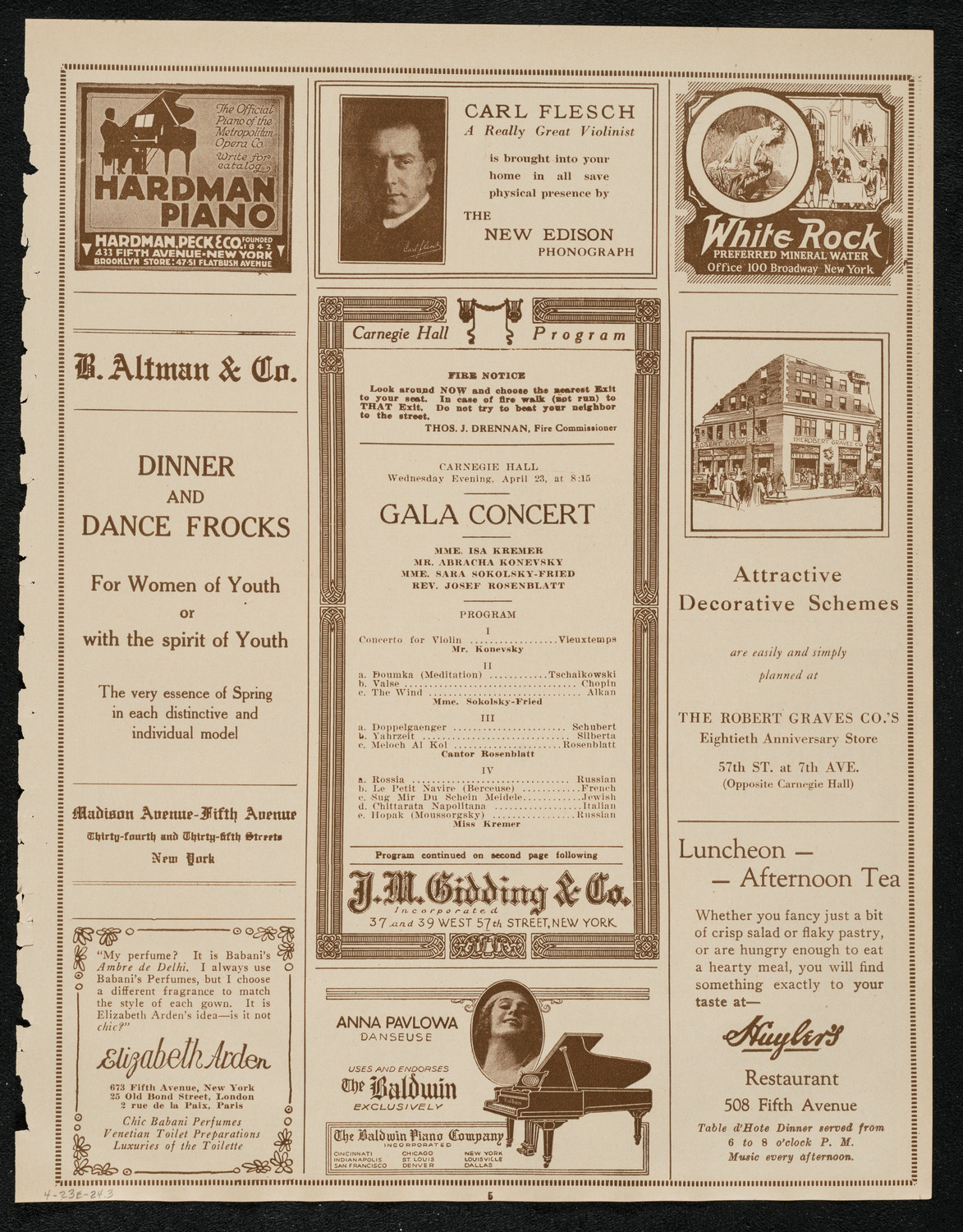 Isa Kremer, Soprano, Abracha Konevsky, Violin, Sara Sokolsky-Fried, Piano, and Josef Rosenblatt, Tenor, April 23, 1924, program page 5