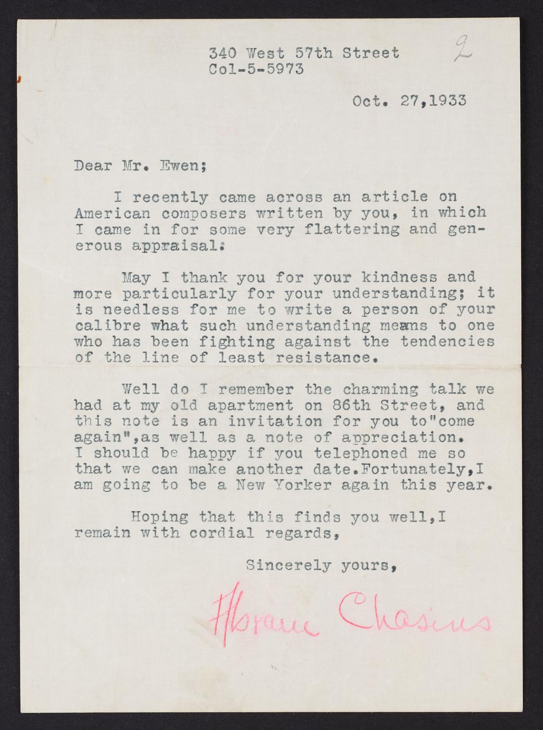 Correspondence from Abram Chasins to David Ewen