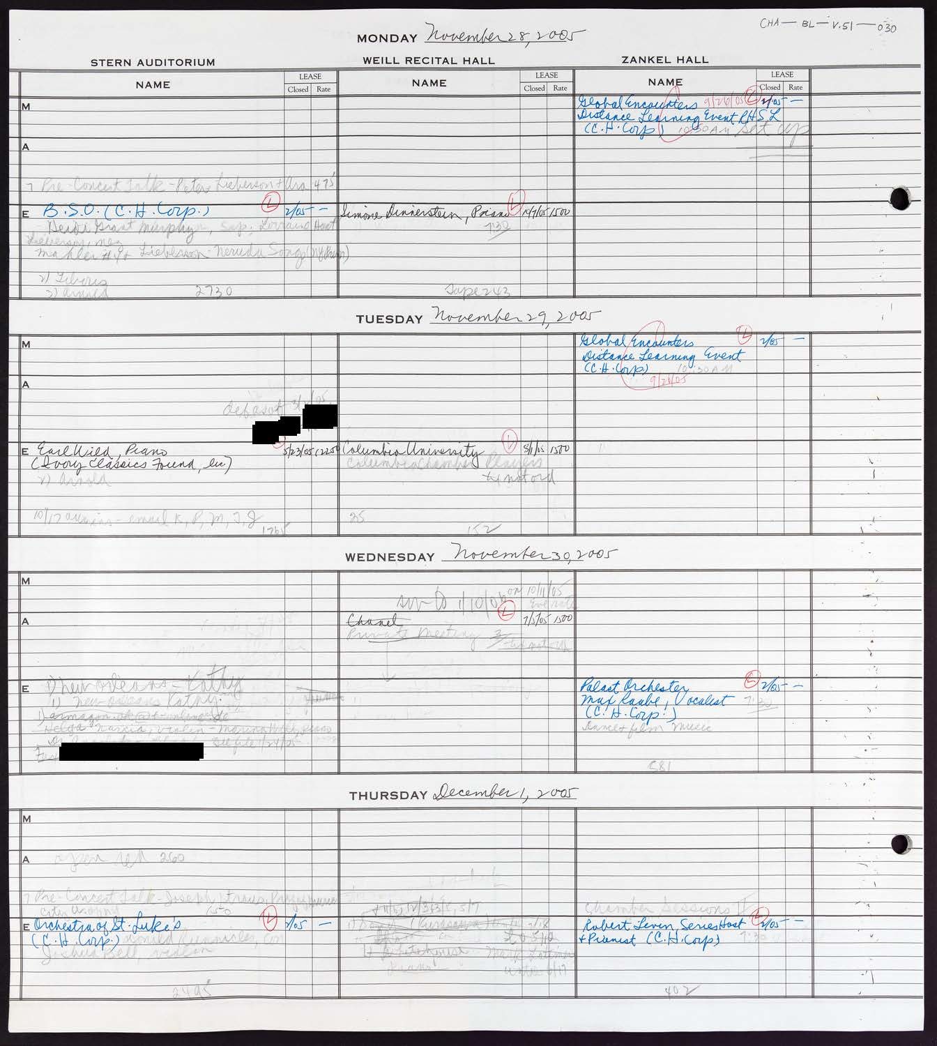 Carnegie Hall Booking Ledger, volume 51, page 30