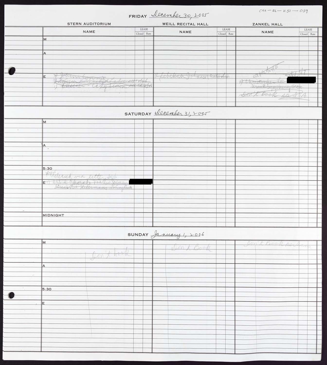 Carnegie Hall Booking Ledger, volume 51, page 39