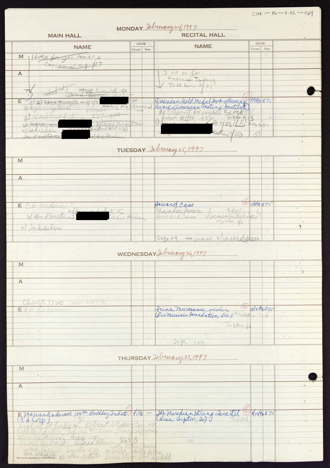 Carnegie Hall Booking Ledger, volume 42, page 54