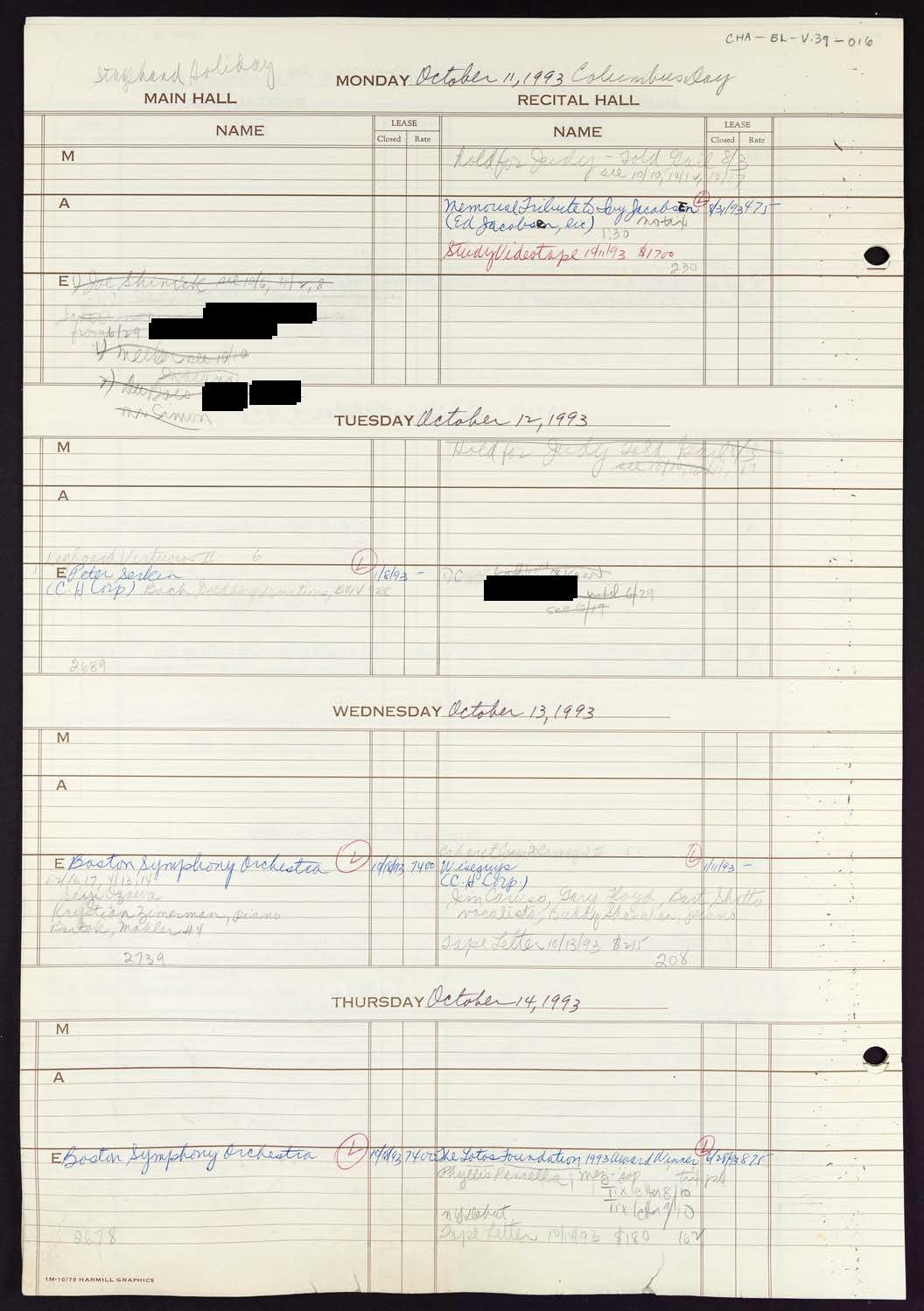 Carnegie Hall Booking Ledger, volume 39, page 16