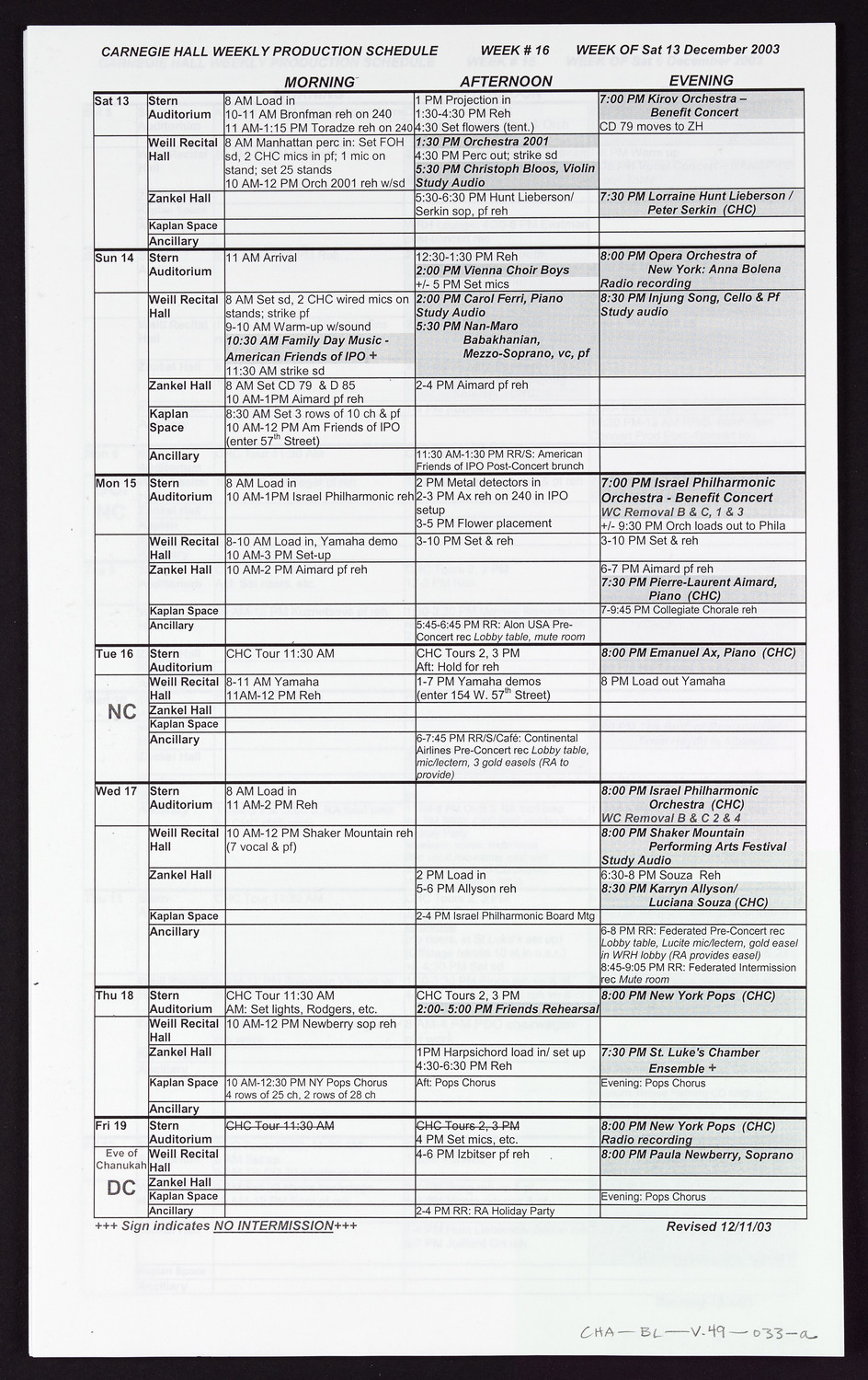 Carnegie Hall Booking Ledger, volume 49, page 33a