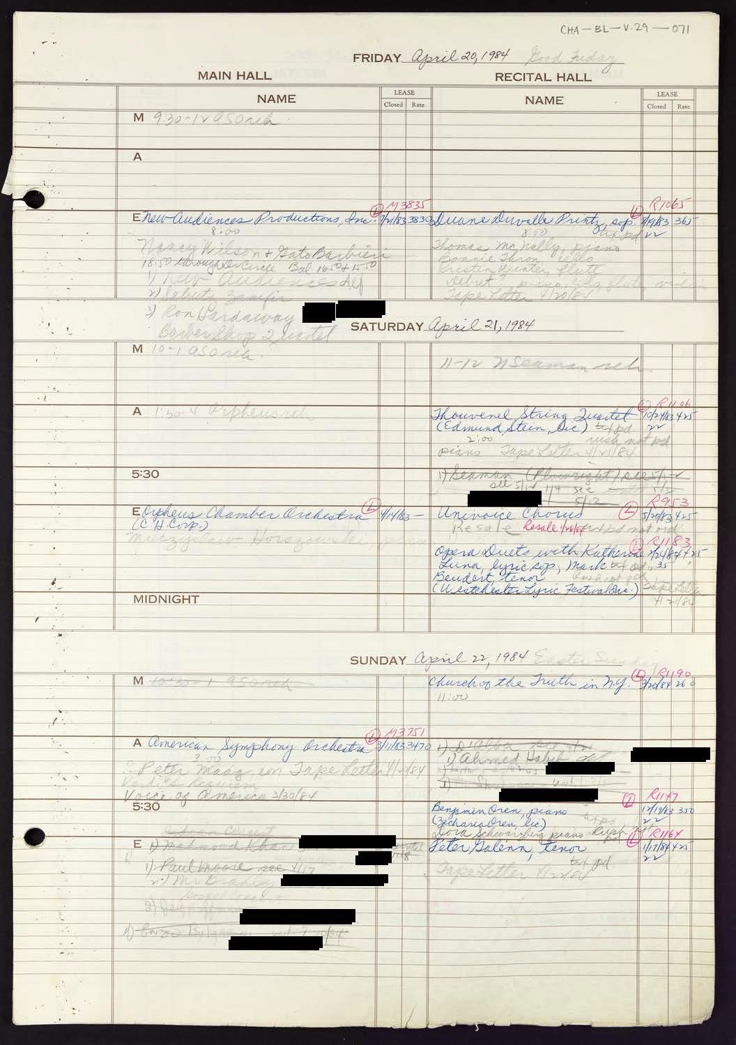 Carnegie Hall Booking Ledger, volume 29, page 71