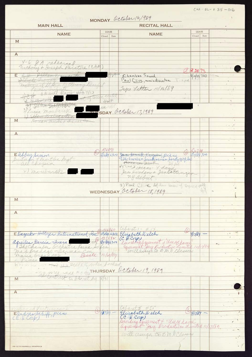 Carnegie Hall Booking Ledger, volume 35, page 16