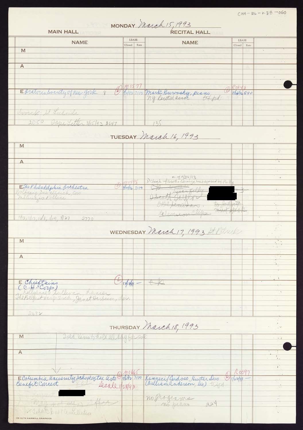 Carnegie Hall Booking Ledger, volume 38, page 60