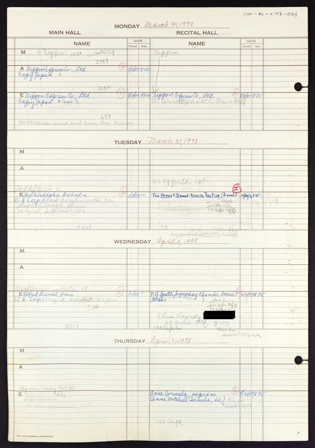 Carnegie Hall Booking Ledger, volume 43, page 64