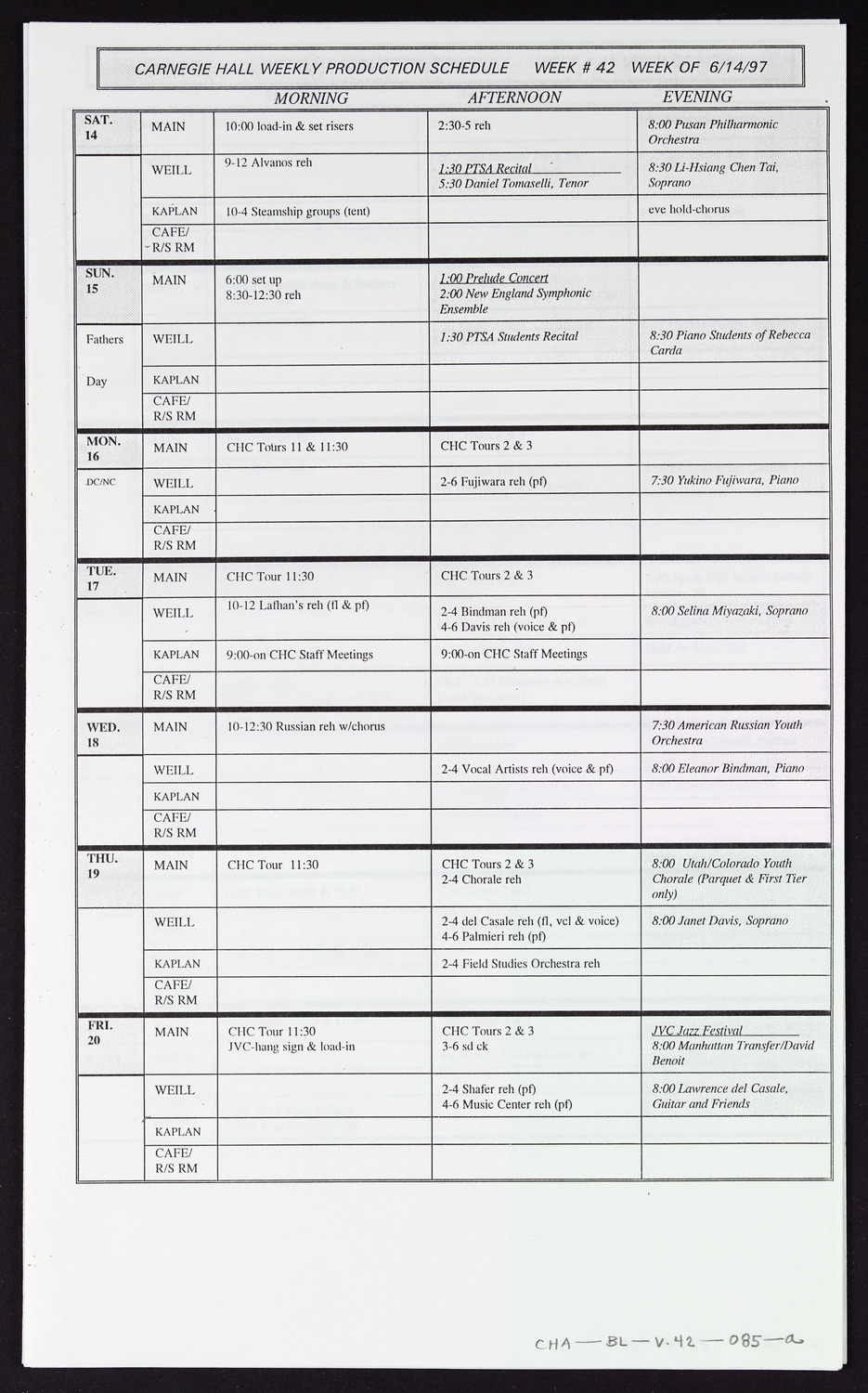 Carnegie Hall Booking Ledger, volume 42, page 85a