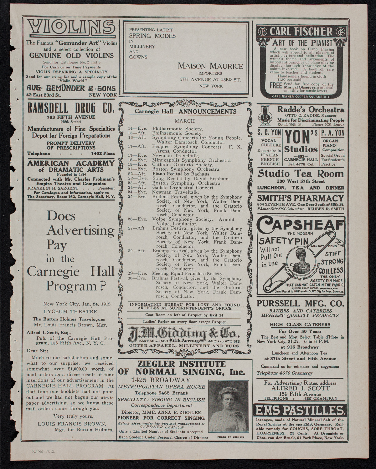 Cantor Sirota with Choir, March 13, 1912, program page 3