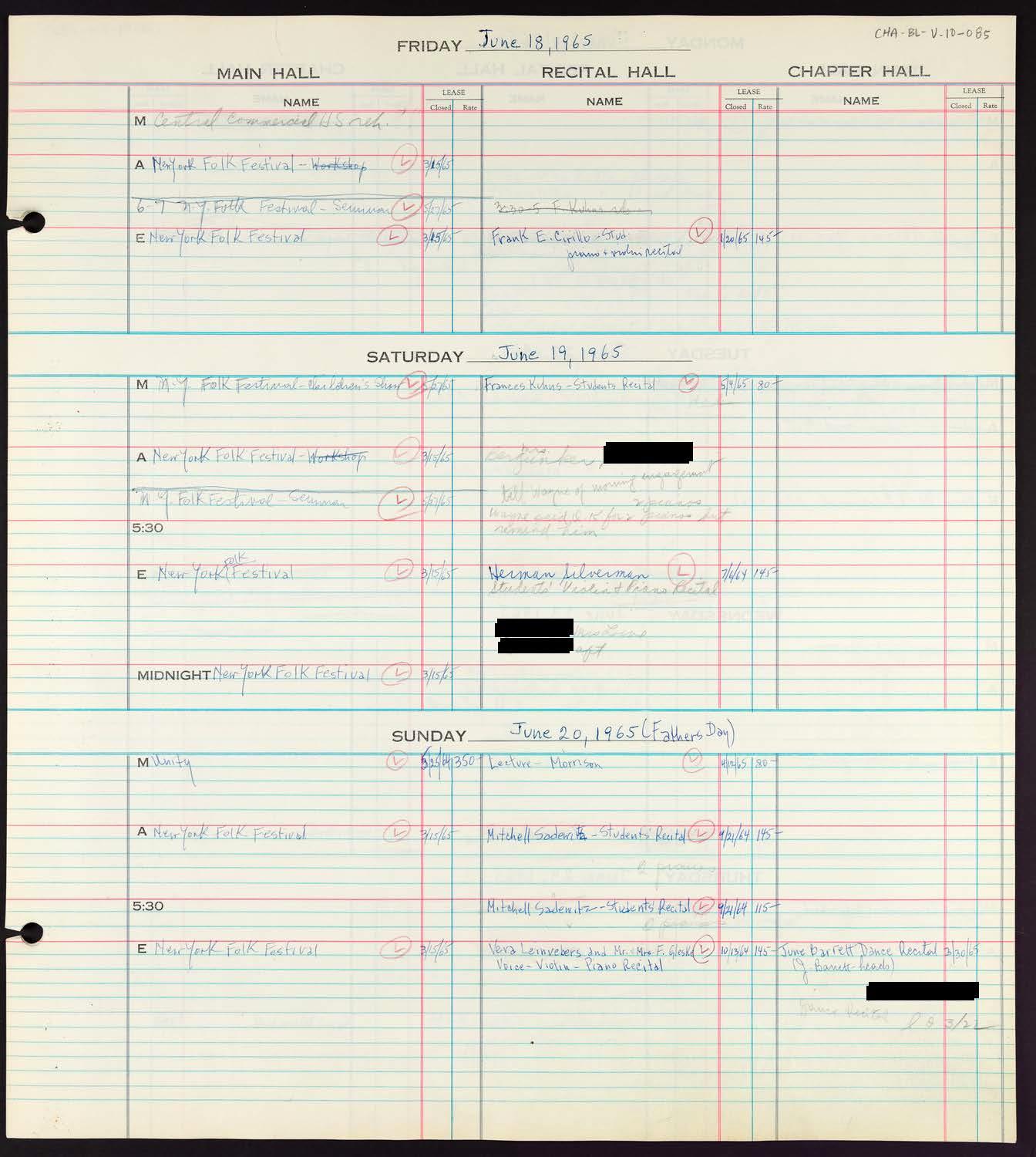 Carnegie Hall Booking Ledger, volume 10, page 85