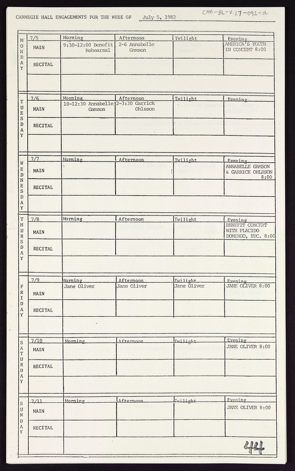 Carnegie Hall Booking Ledger, volume 27, page 92a