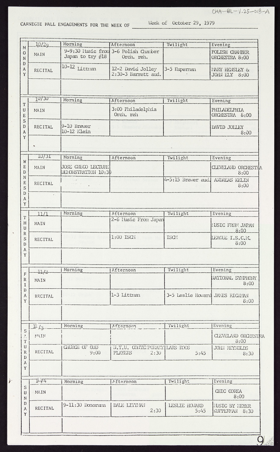 Carnegie Hall Booking Ledger, volume 25, page 18a