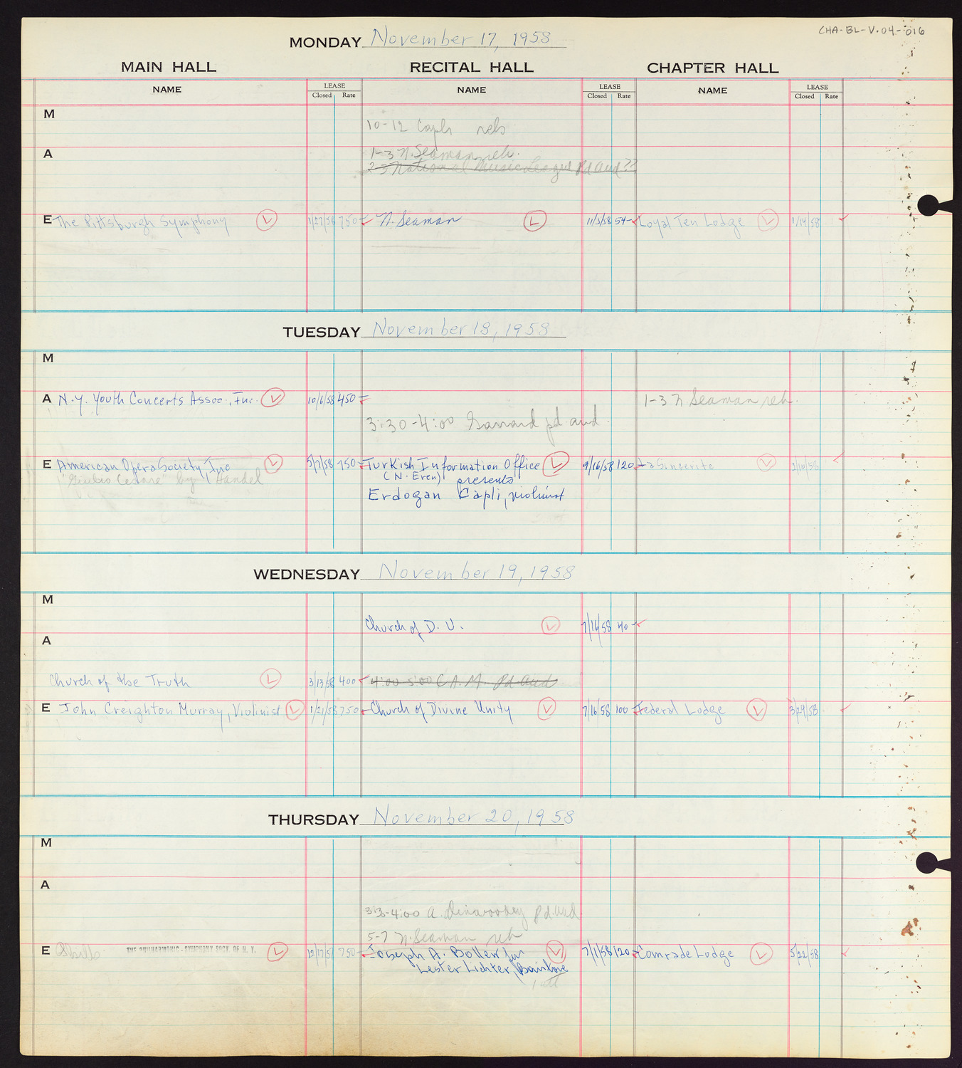 Carnegie Hall Booking Ledger, volume 4, page 16