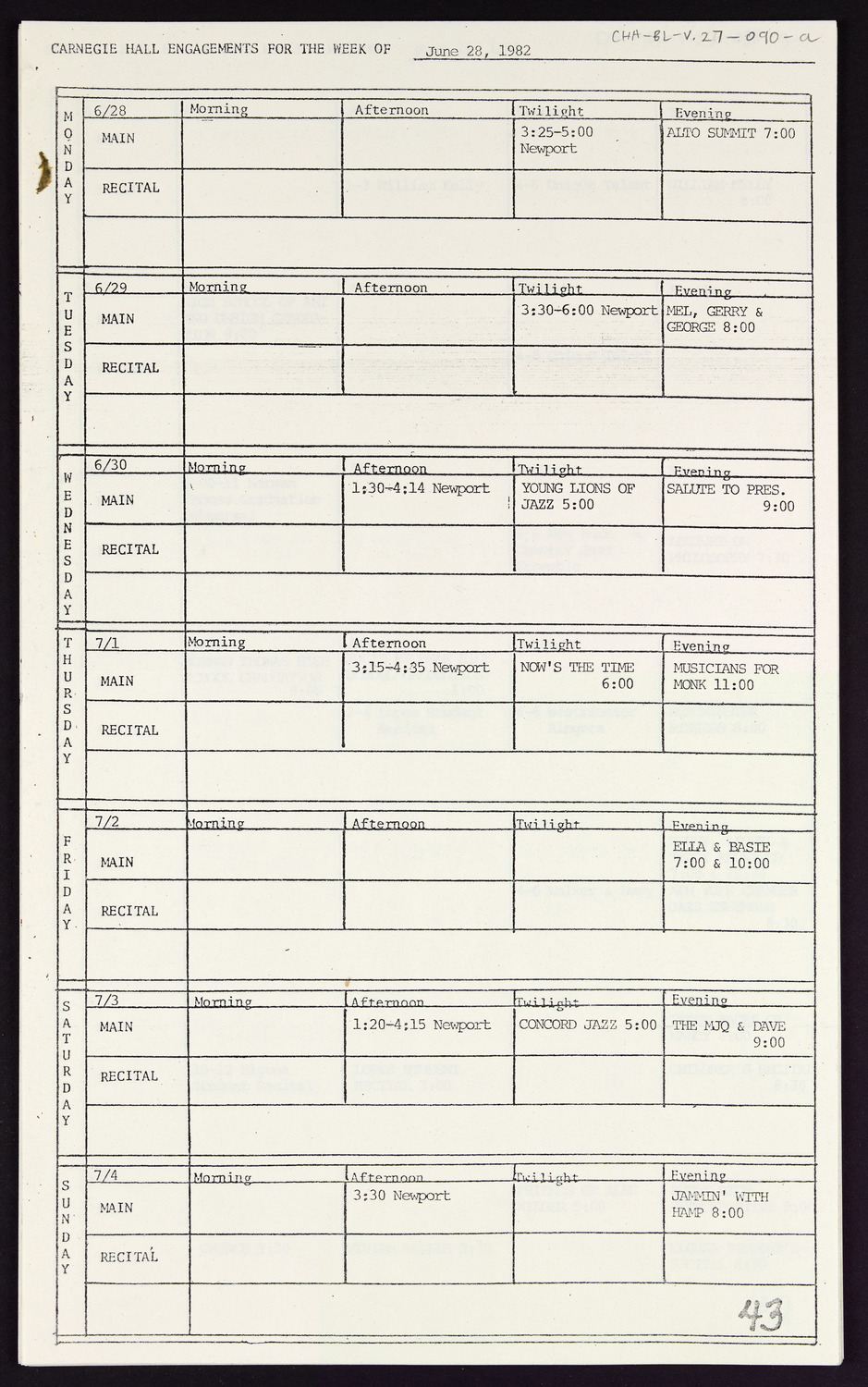 Carnegie Hall Booking Ledger, volume 27, page 90a